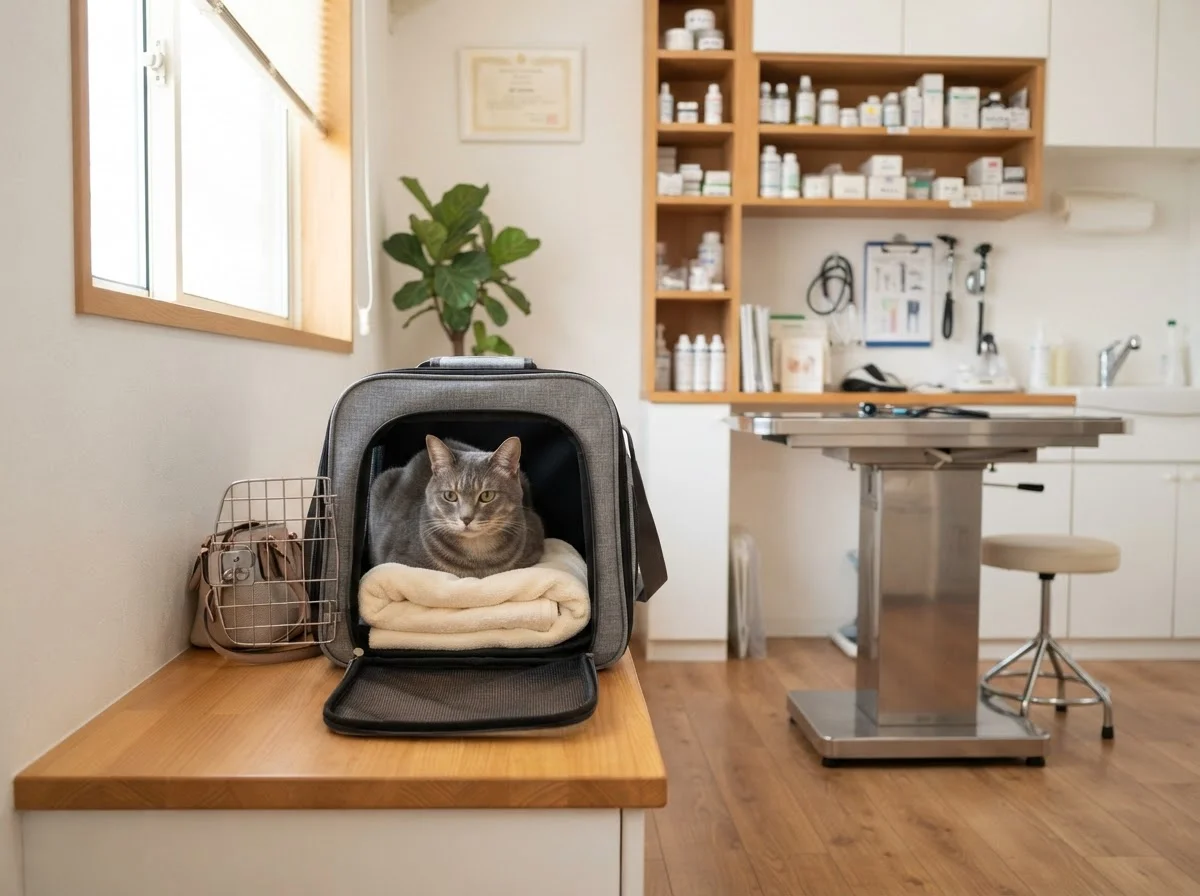 キャリーケースの中で落ち着いて座る猫とそばに置かれたタオル