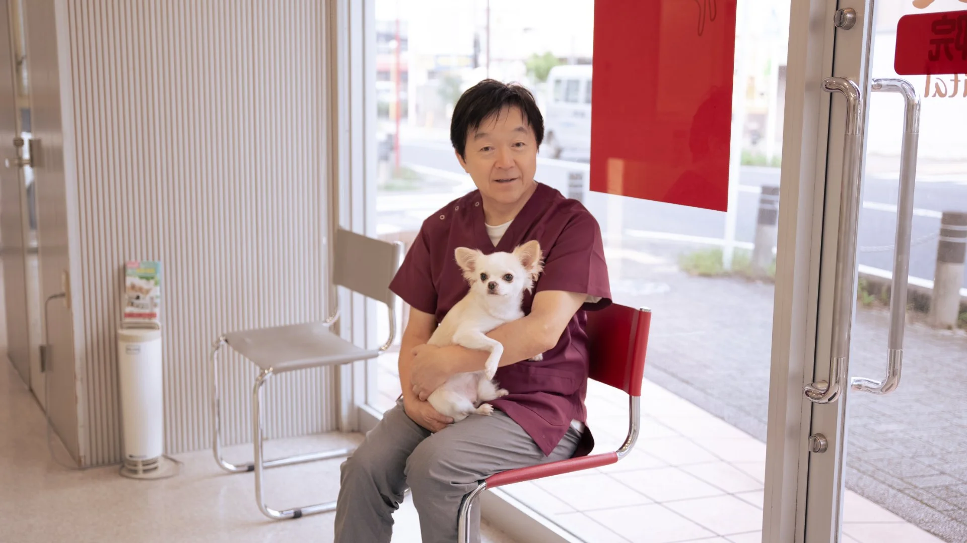 ませ動物病院の受付前でチワワを抱く獣医師